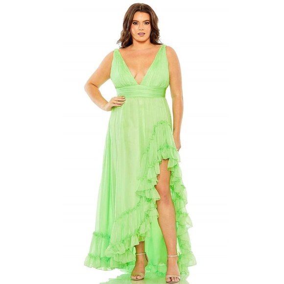 NWT Mac Duggal Plunge Neck Ruffle Sleeveless Tiered Front Slit Gown Mojito 12W